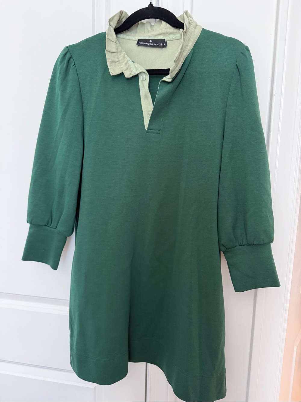 Pomander Place Forest Green Long Sleeve Dress Top with Cream Ruffle Collar